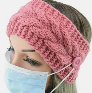 HEADBAND EARMUFF KNIT CROCHET W MASK HOLDER BUTTON